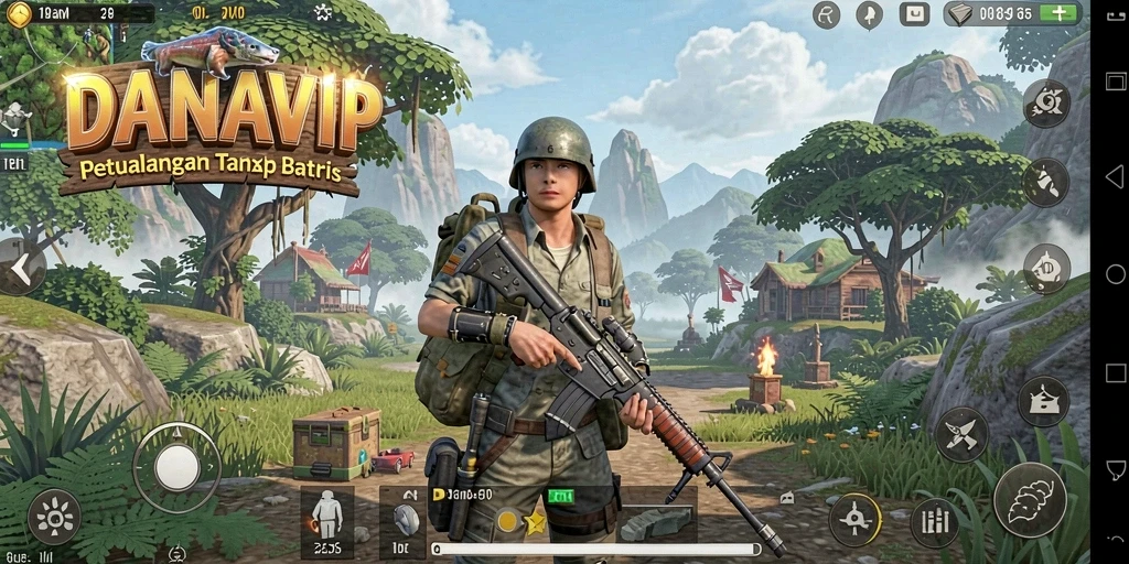 Screenshot utama gameplay DANAVIP yang menunjukkan dunia terbuka yang luas.