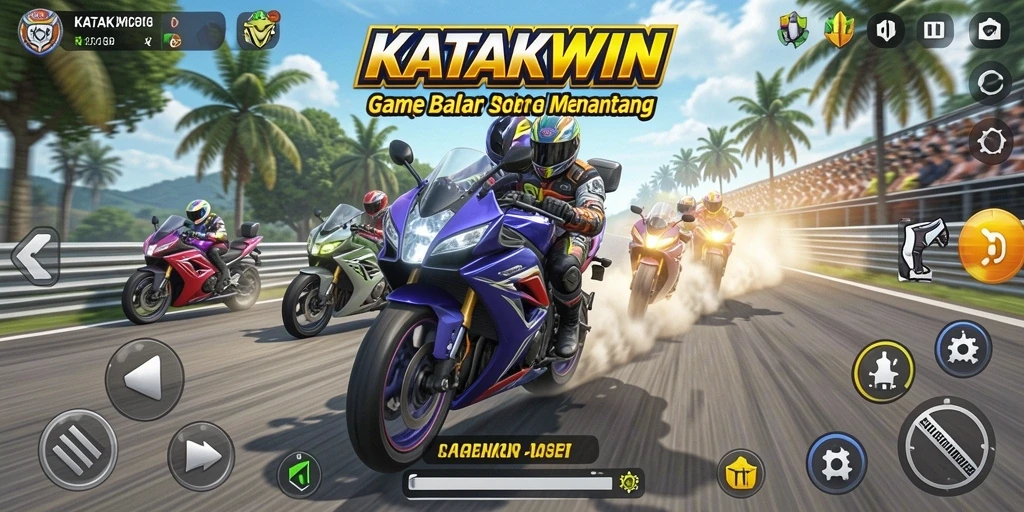 Screenshot KATAKWIN menampilkan aksi balap motor yang mendebarkan.