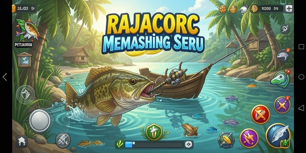 Screenshot gameplay RAJACORC menampilkan aksi memancing yang seru di danau yang indah.